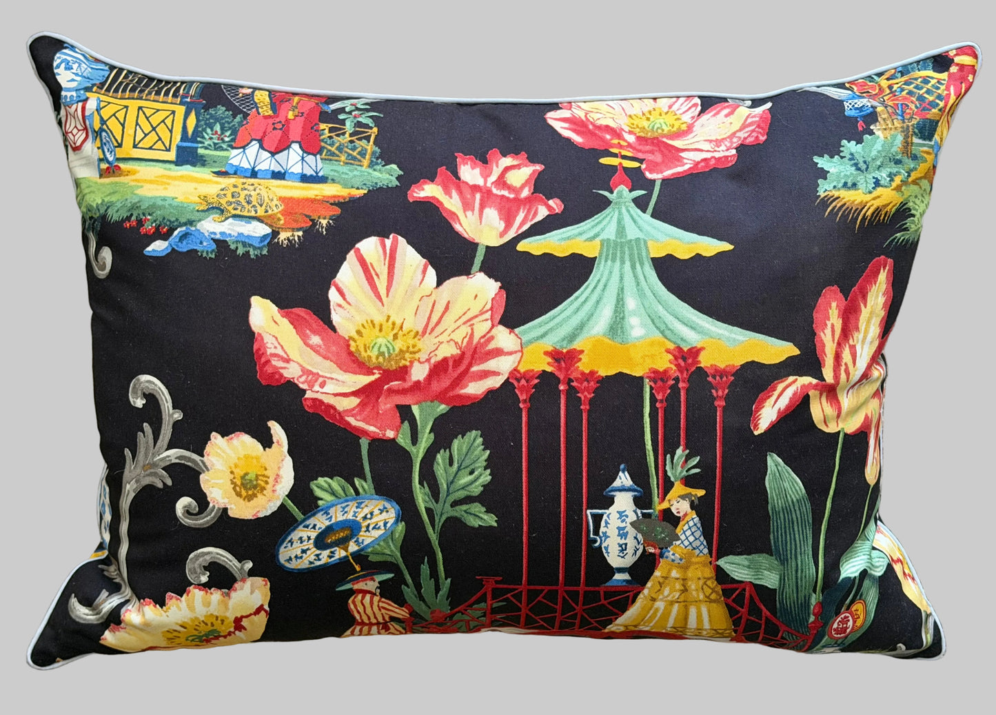 black chinoiserie pagoda cushion