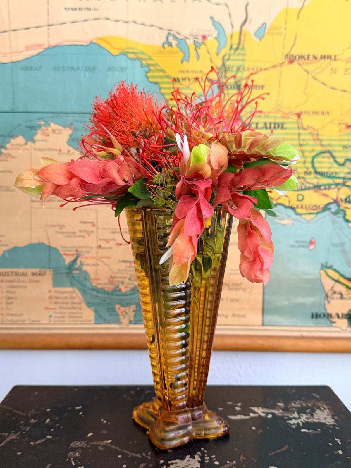 vintage amber ribbed vase