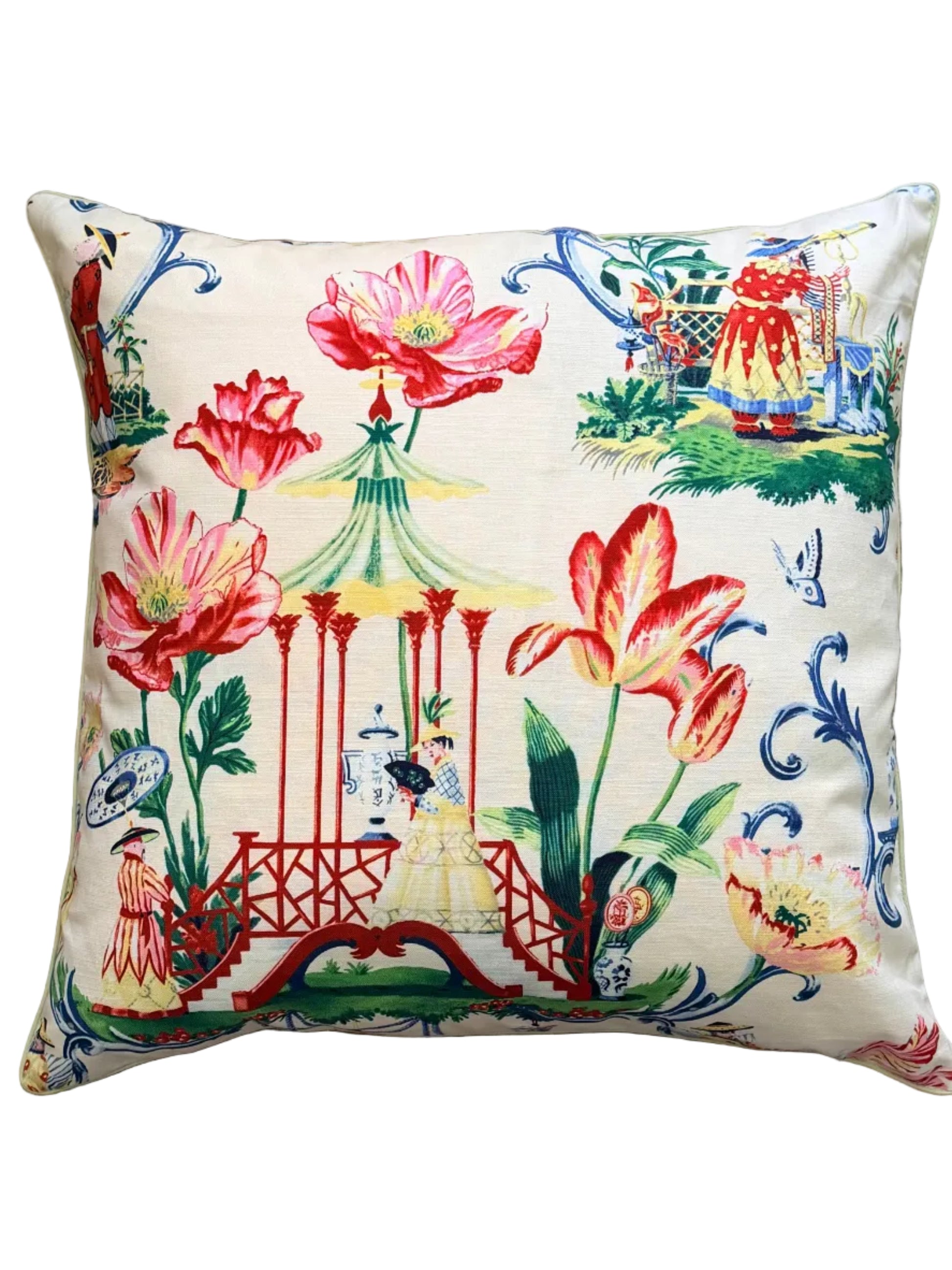 large square chinoiserie cushion with bold blooms and a pagoda
