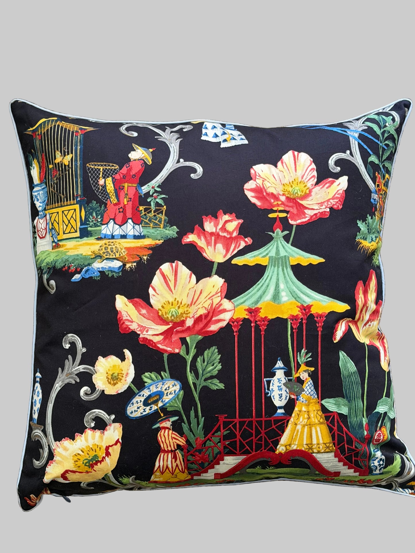 black chinoiserie pagoda cushion
