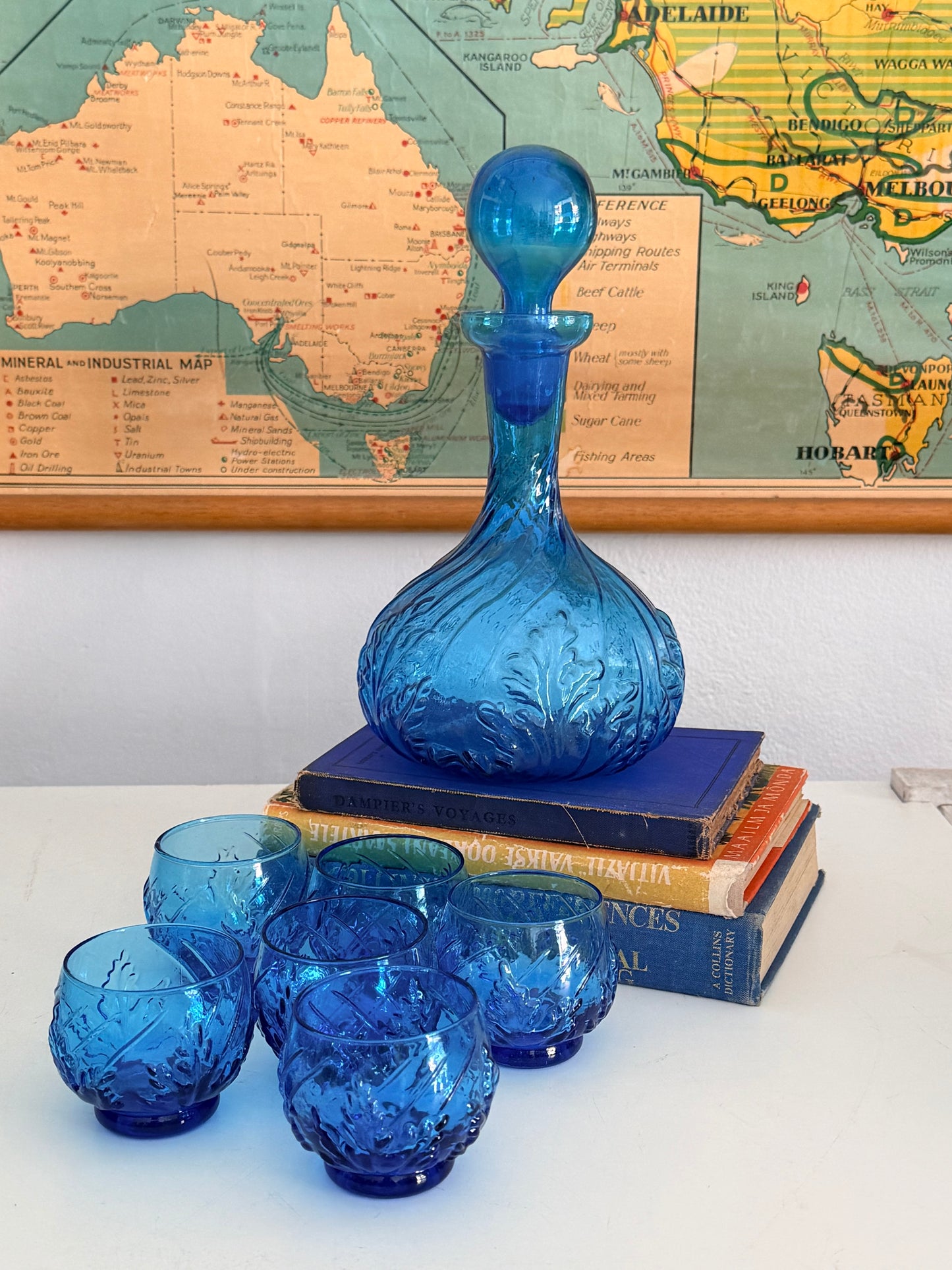 Vintage cobolt decanter and glasses