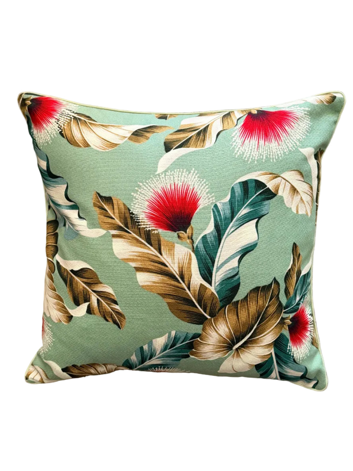 sage green hawaiian tropical cushion with red blooms