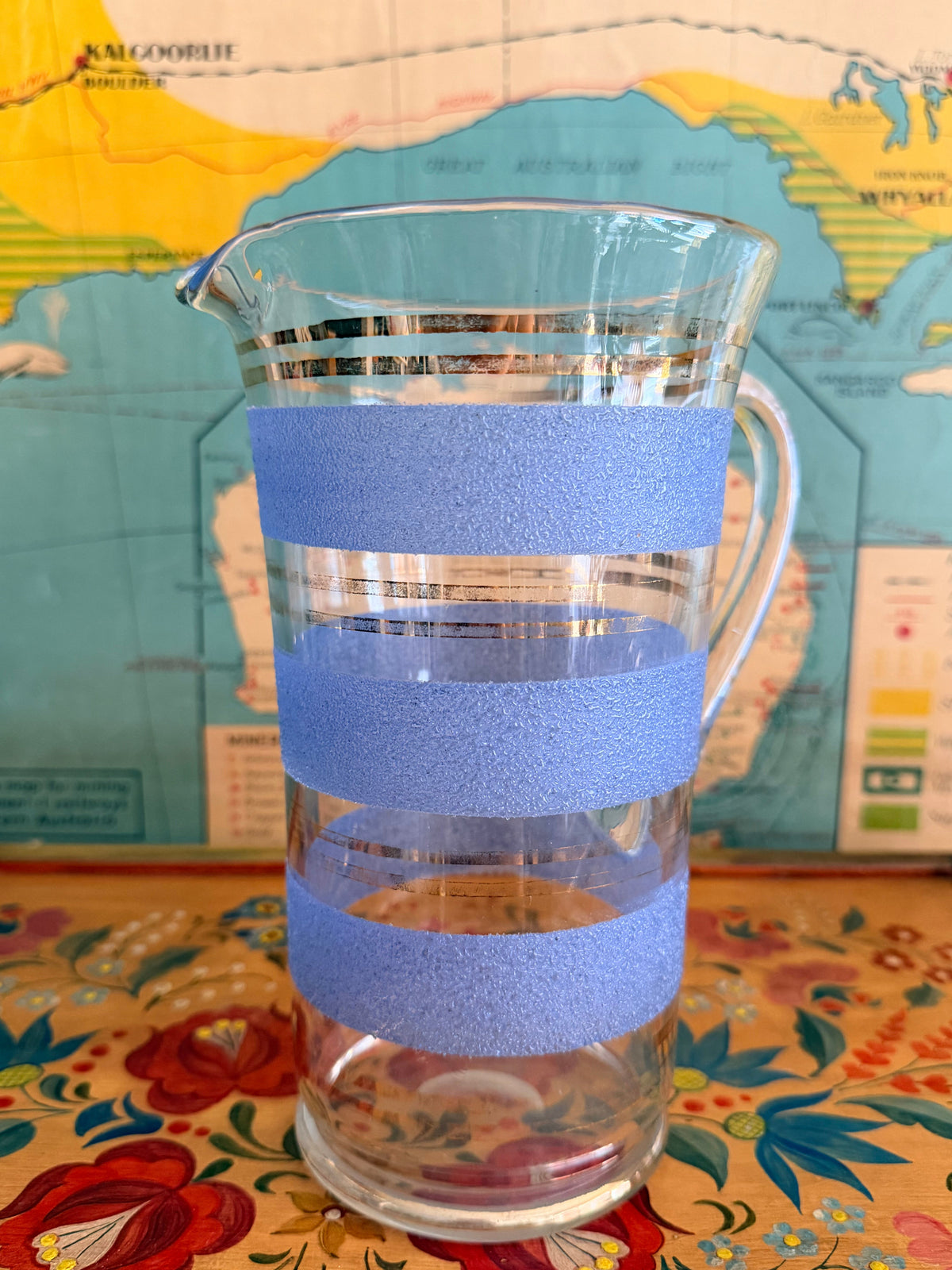 retro blue frosted glass jug with a pair of matching glasses