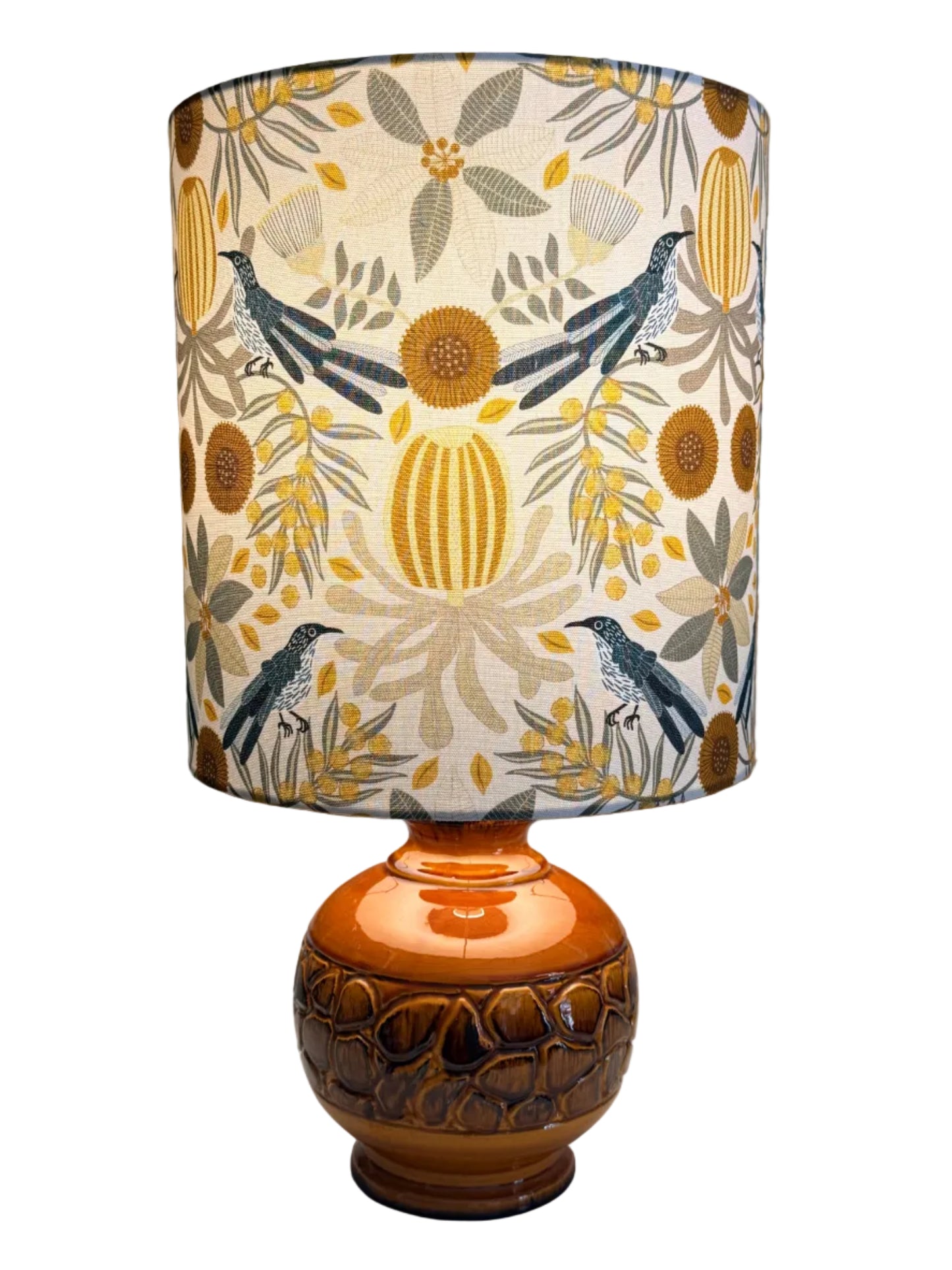 vintage flintstone  table lamp with wattle bird and banksia lampshade
