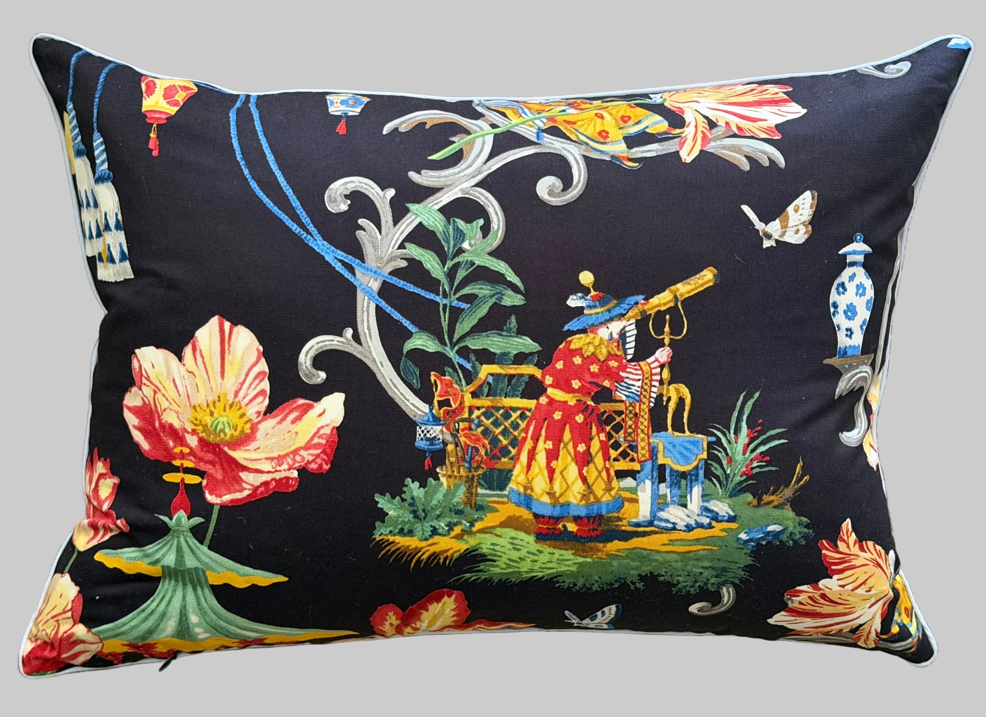 black chinoiserie pagoda cushion
