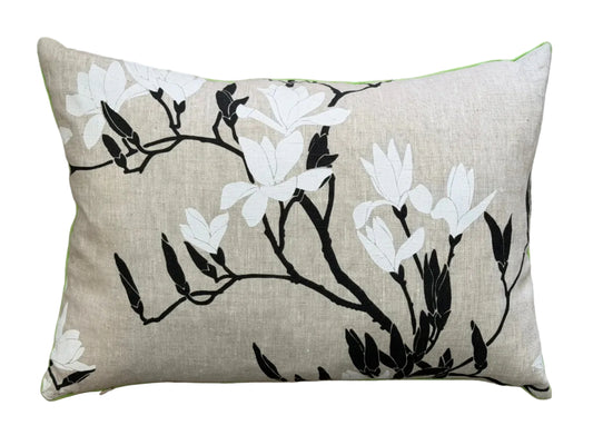 handprinted black magnolia lumbar cushion