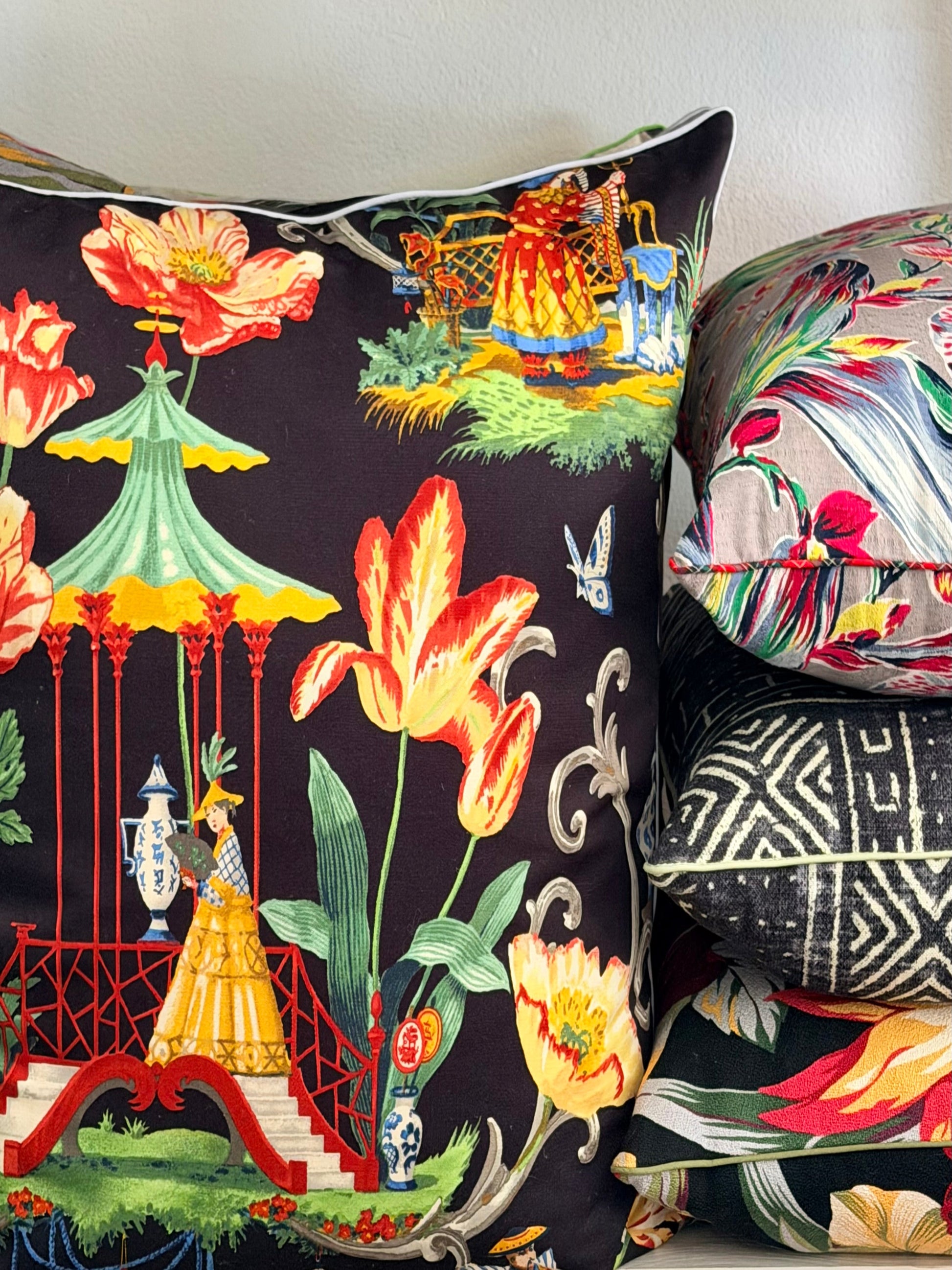 black chinoiserie pillow