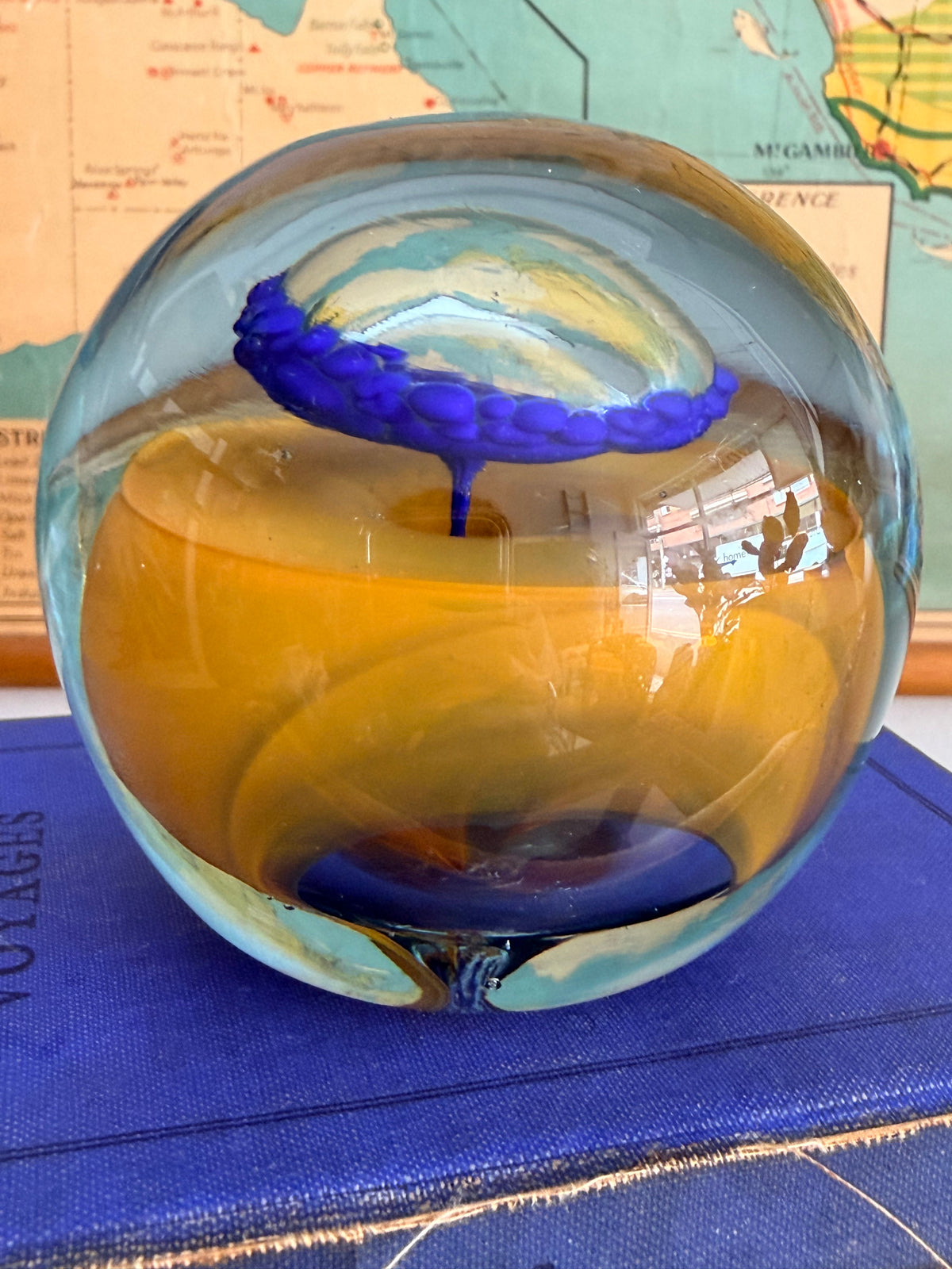 Mustard & Cobalt Glass Mushroom Paperweight