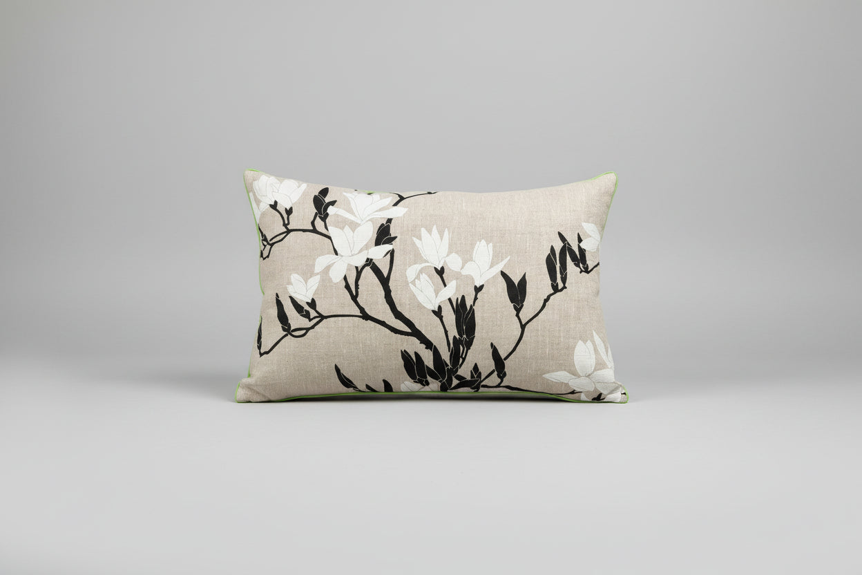 black magnolia  handprinted linen cushion