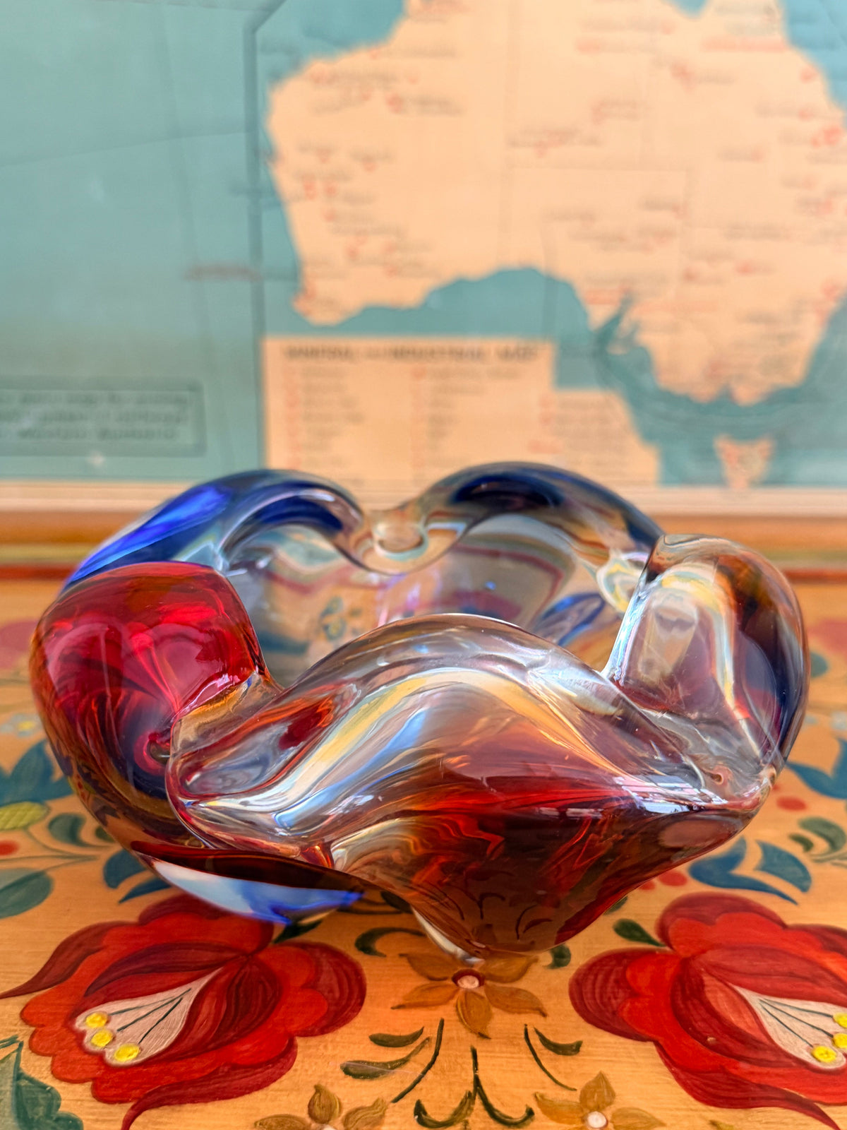mid century Murano ruby red and blue glass bowl
