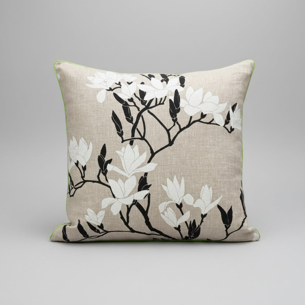black magnolia  handprinted linen cushion