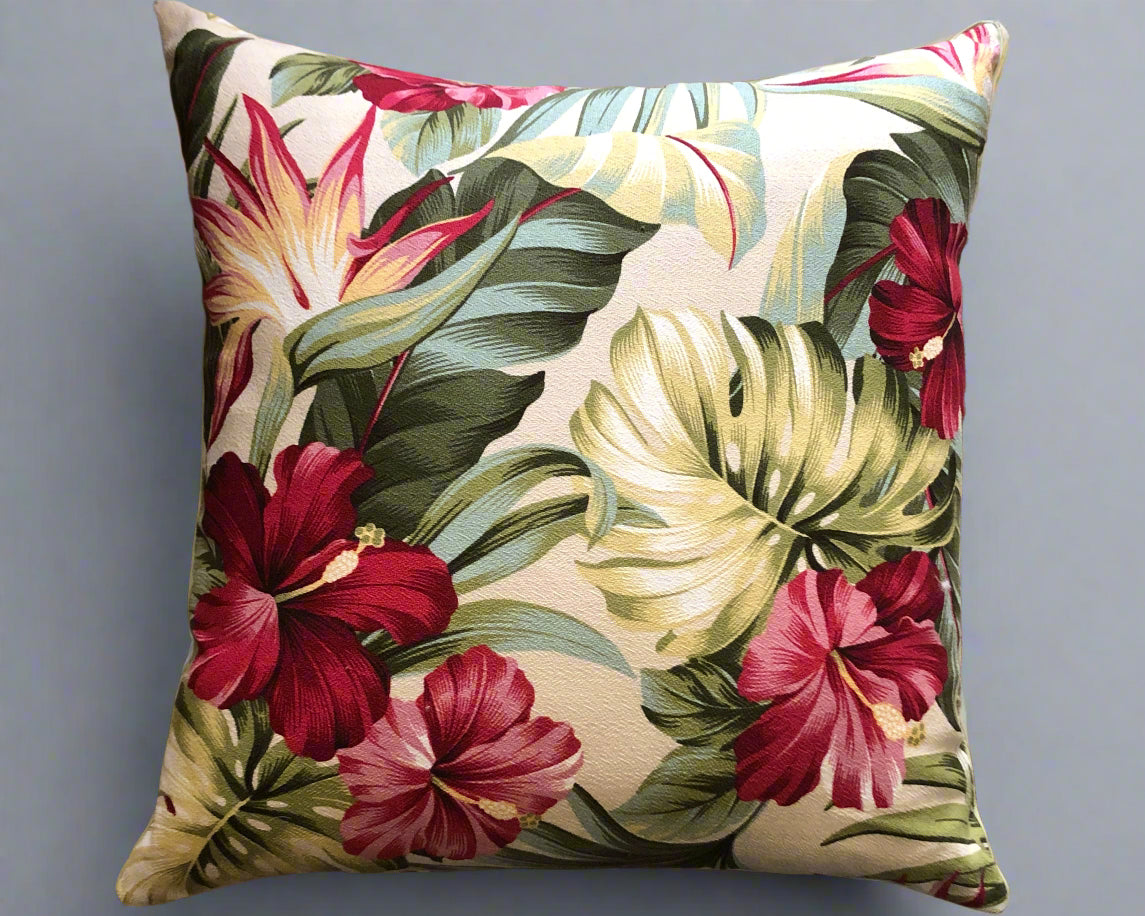retro hawaiian tropical hibiscus and bird of paradise barkcloth cushion