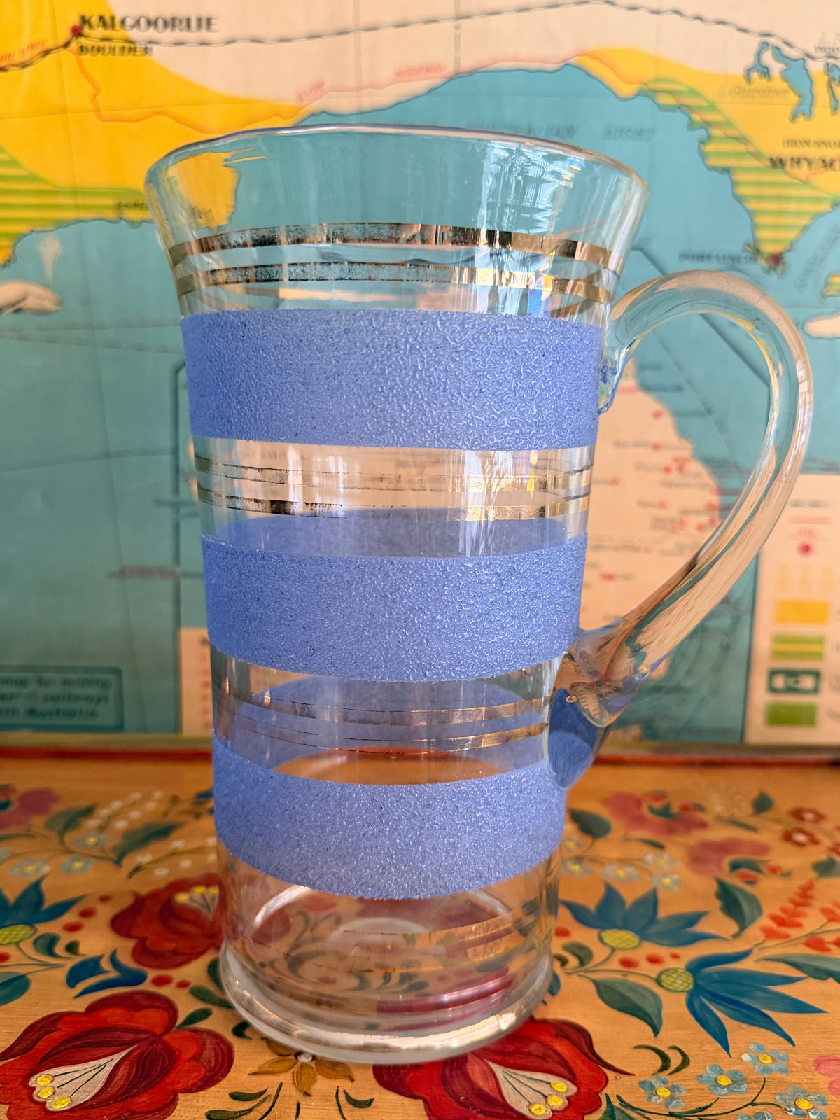 retro blue frosted glass jug with a pair of matching glasses
