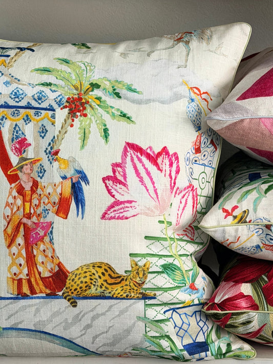 stack of chinoiserie pagoda cushions