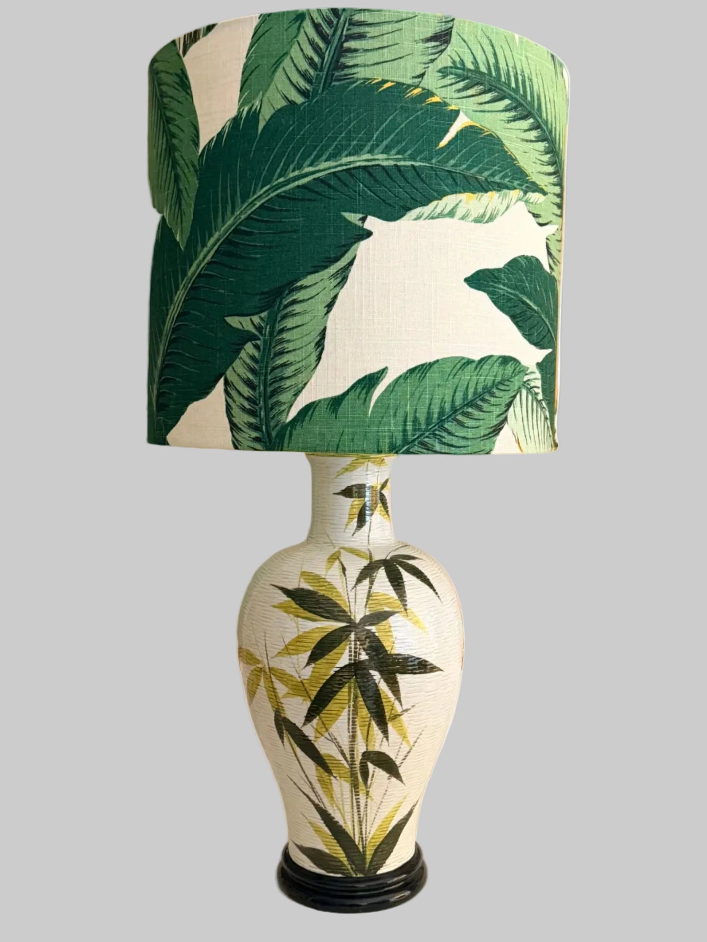 textured handpainted tall lamp with tropical green banana leaf lampshade