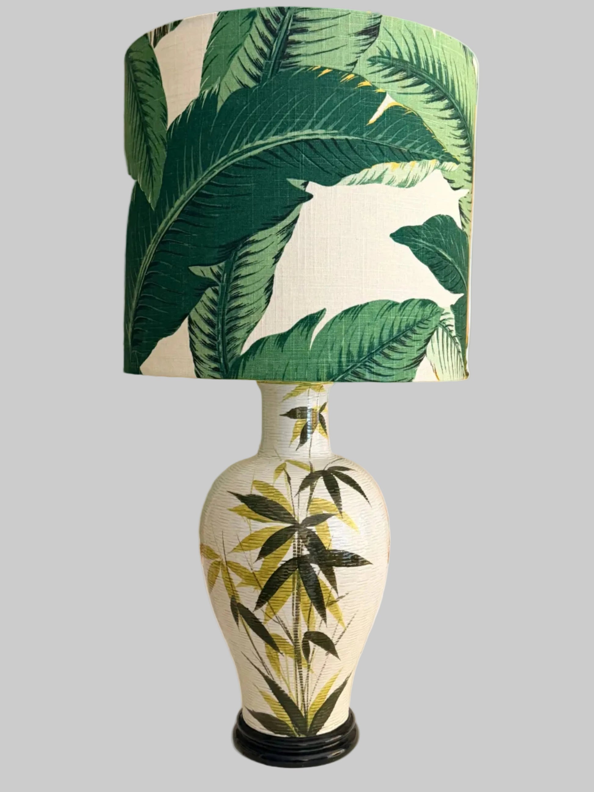 textured handpainted tall lamp with tropical green banana leaf lampshade