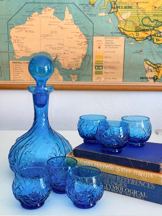 Vintage cobolt decanter and glasses
