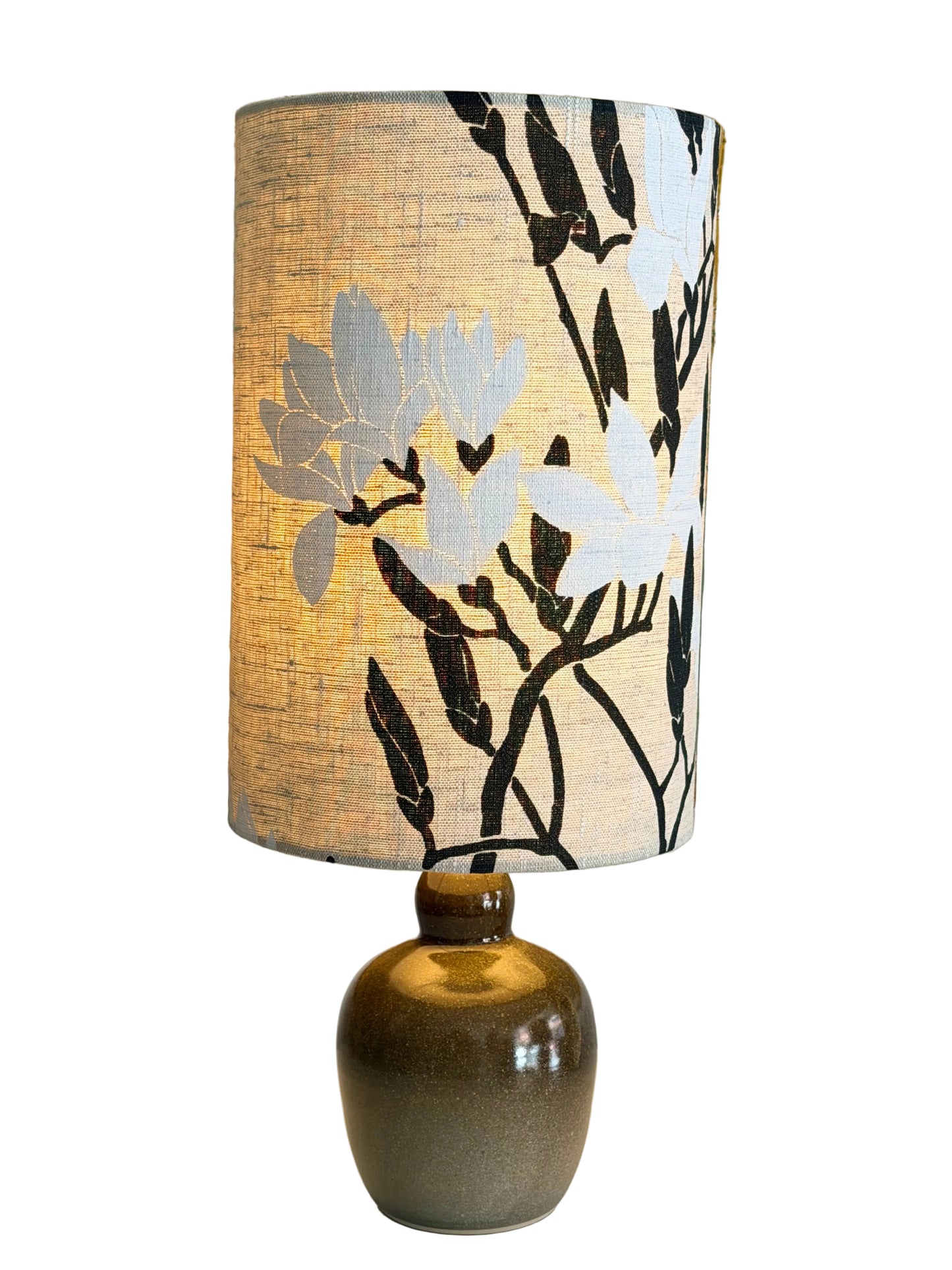 aj handthrown ceramic lamp with linen magnolia lampshade