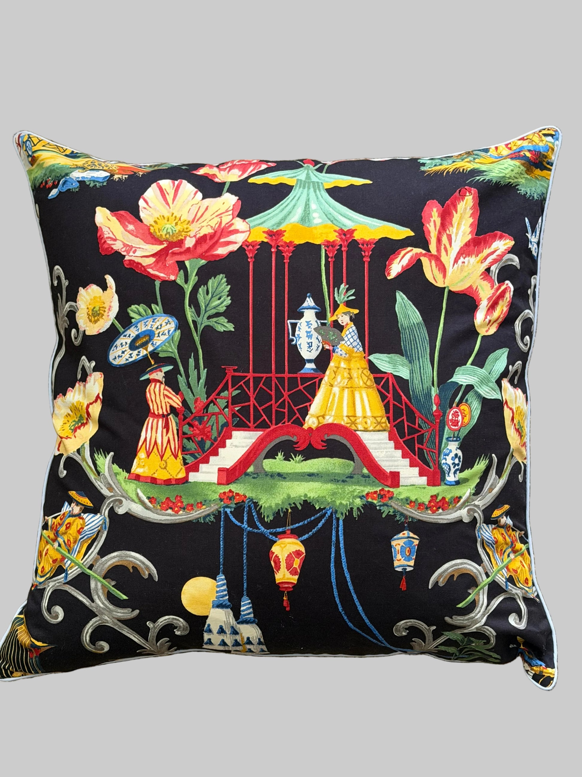black chinoiserie pagoda cushion