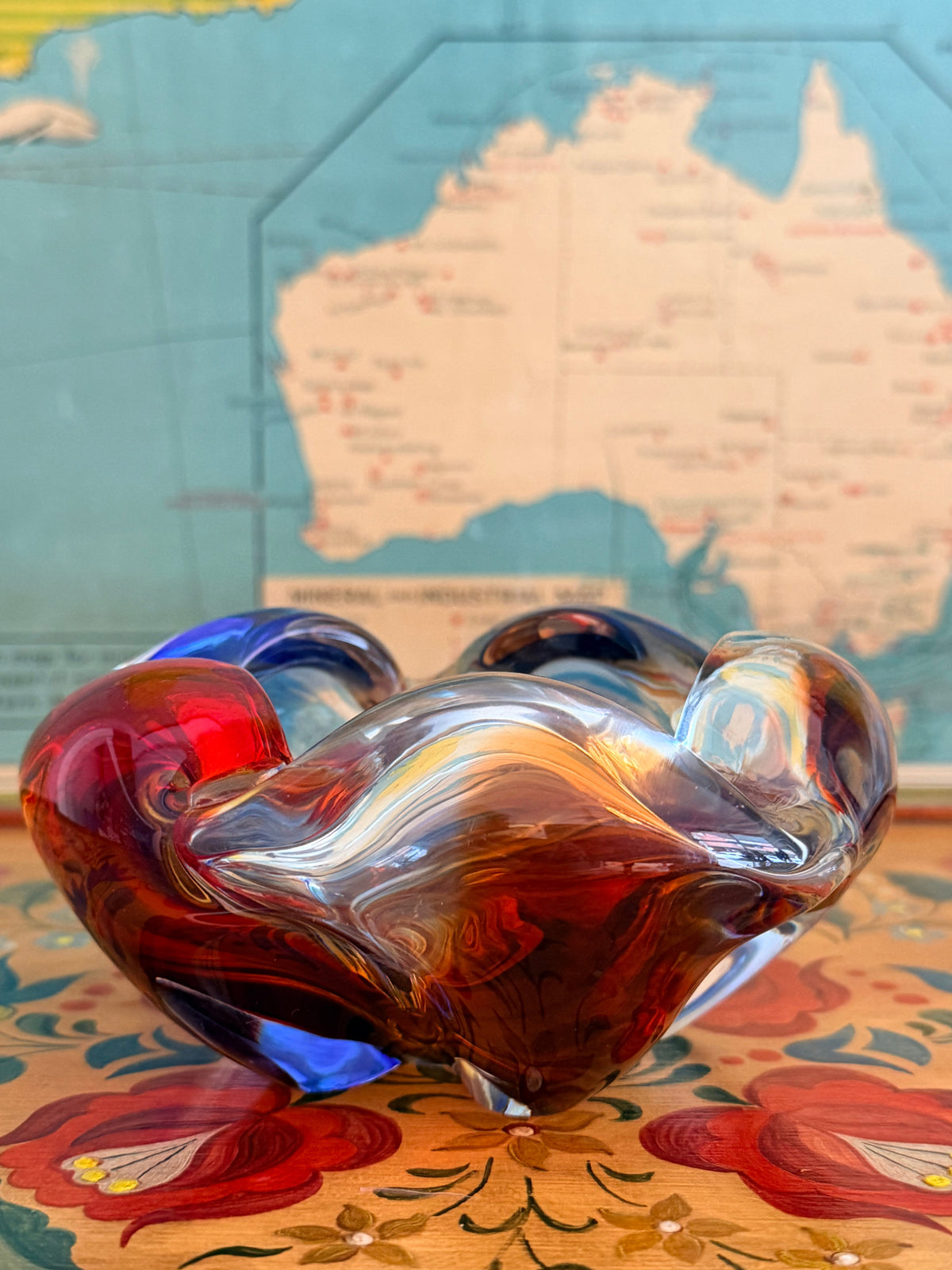 mid century Murano ruby red and blue glass bowl