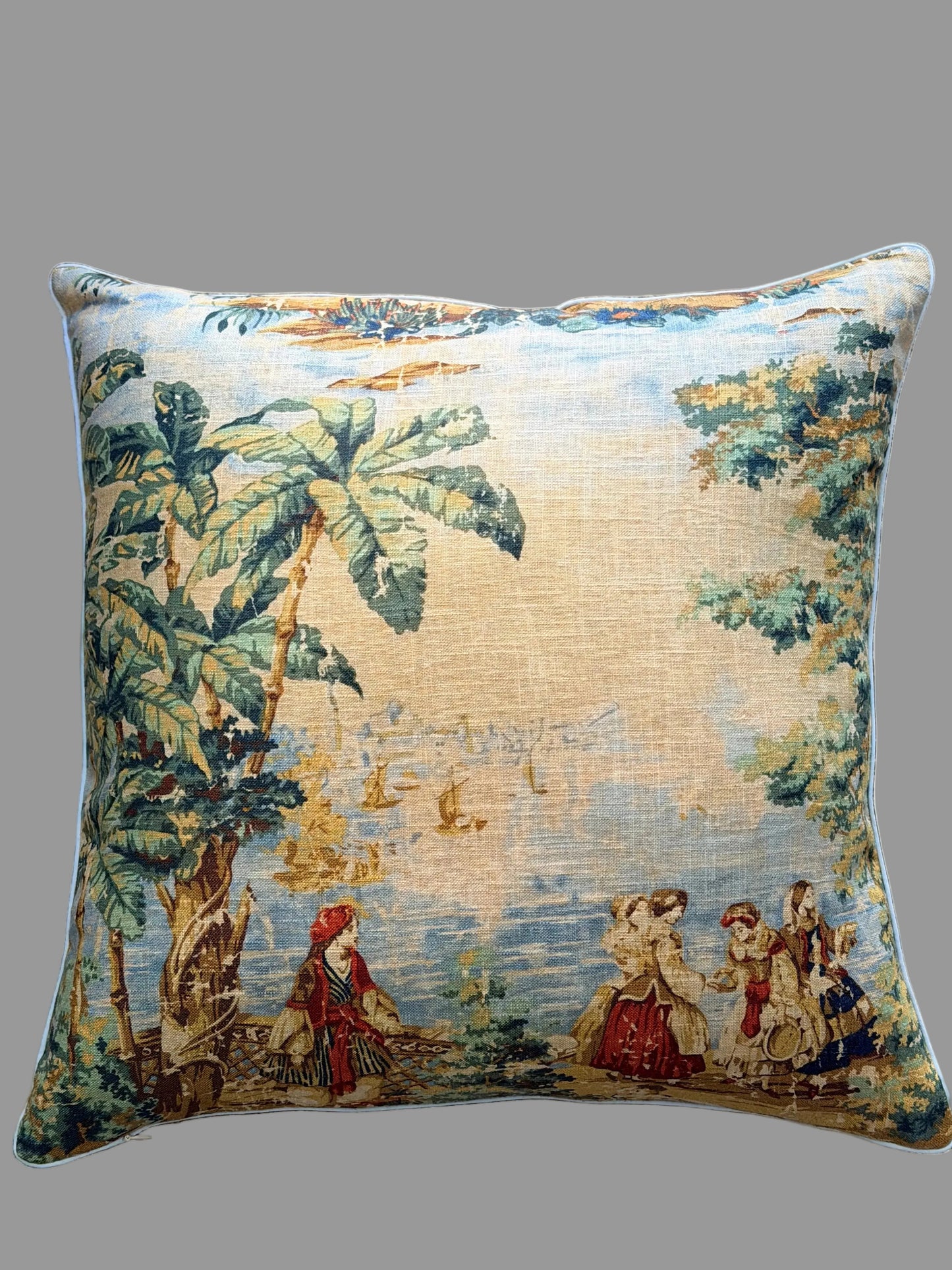 Decorative pillow with tapestry design on a textured surface