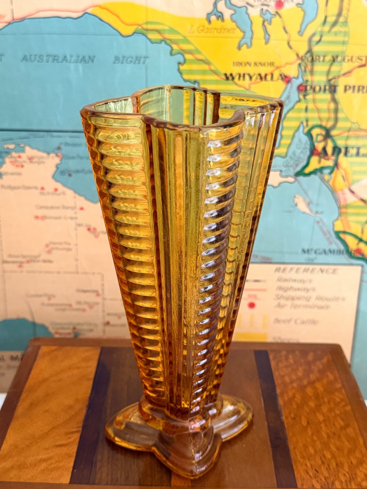 vintage amber ribbed vase