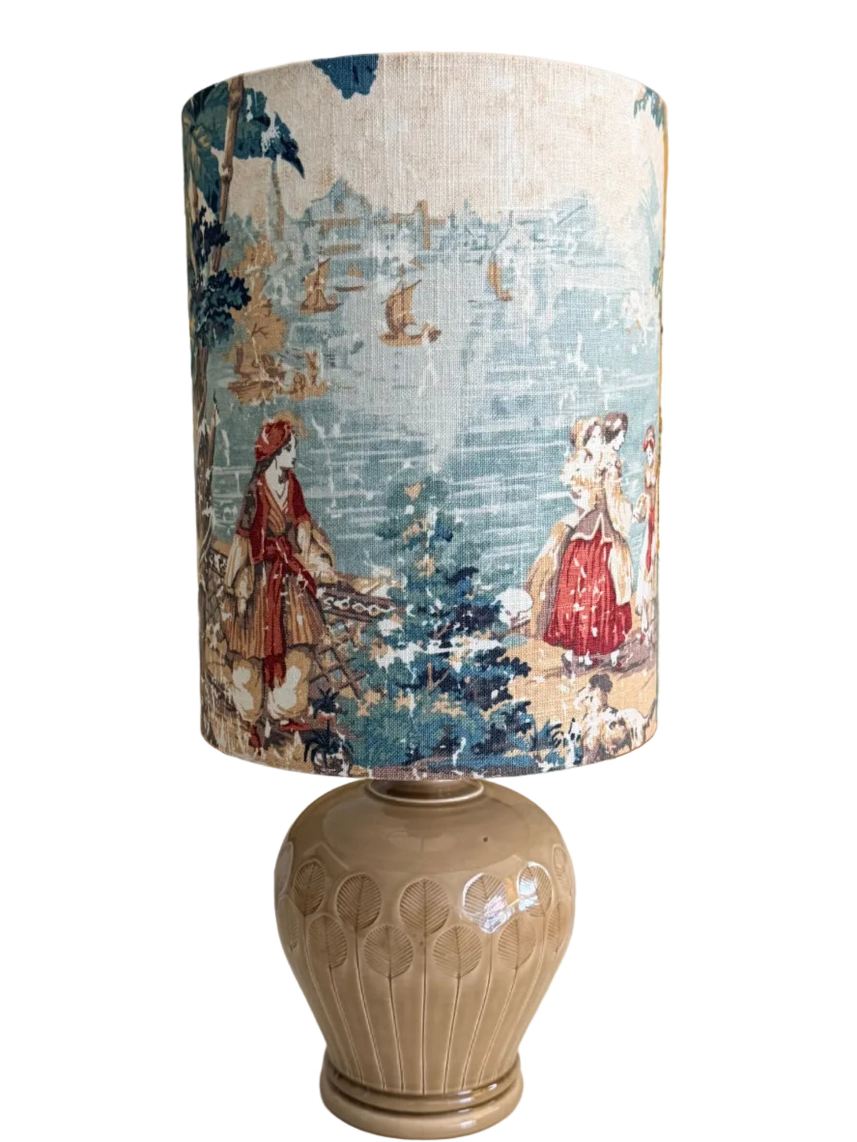 Italian taupe ceramic textured lamp base paired with tropical dawn handmade lampshade.