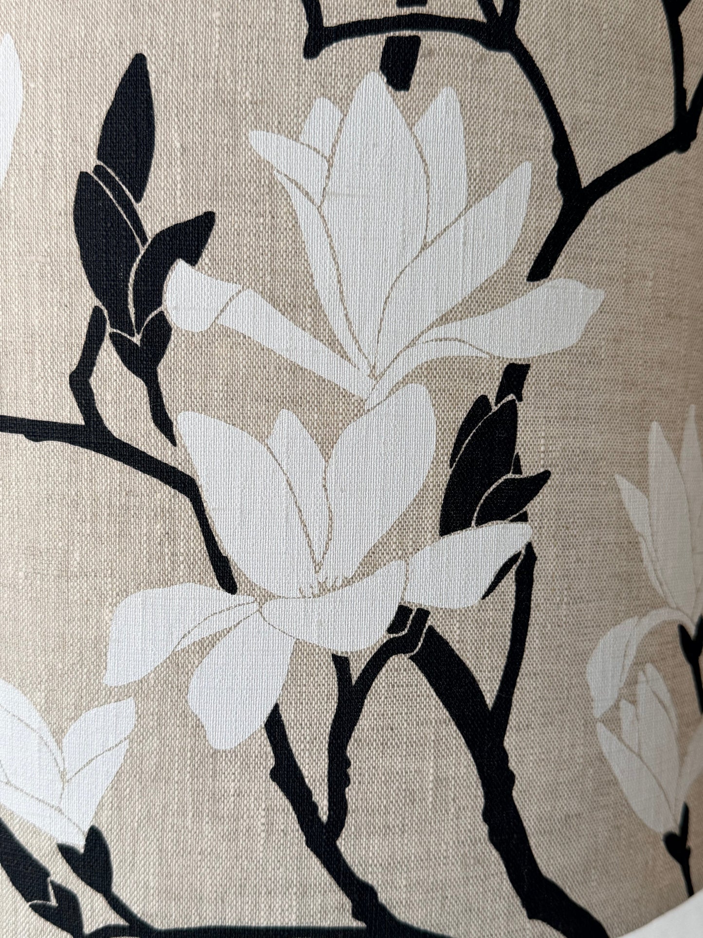 black magnolia hand printed on oatmeal linen lampshade close up