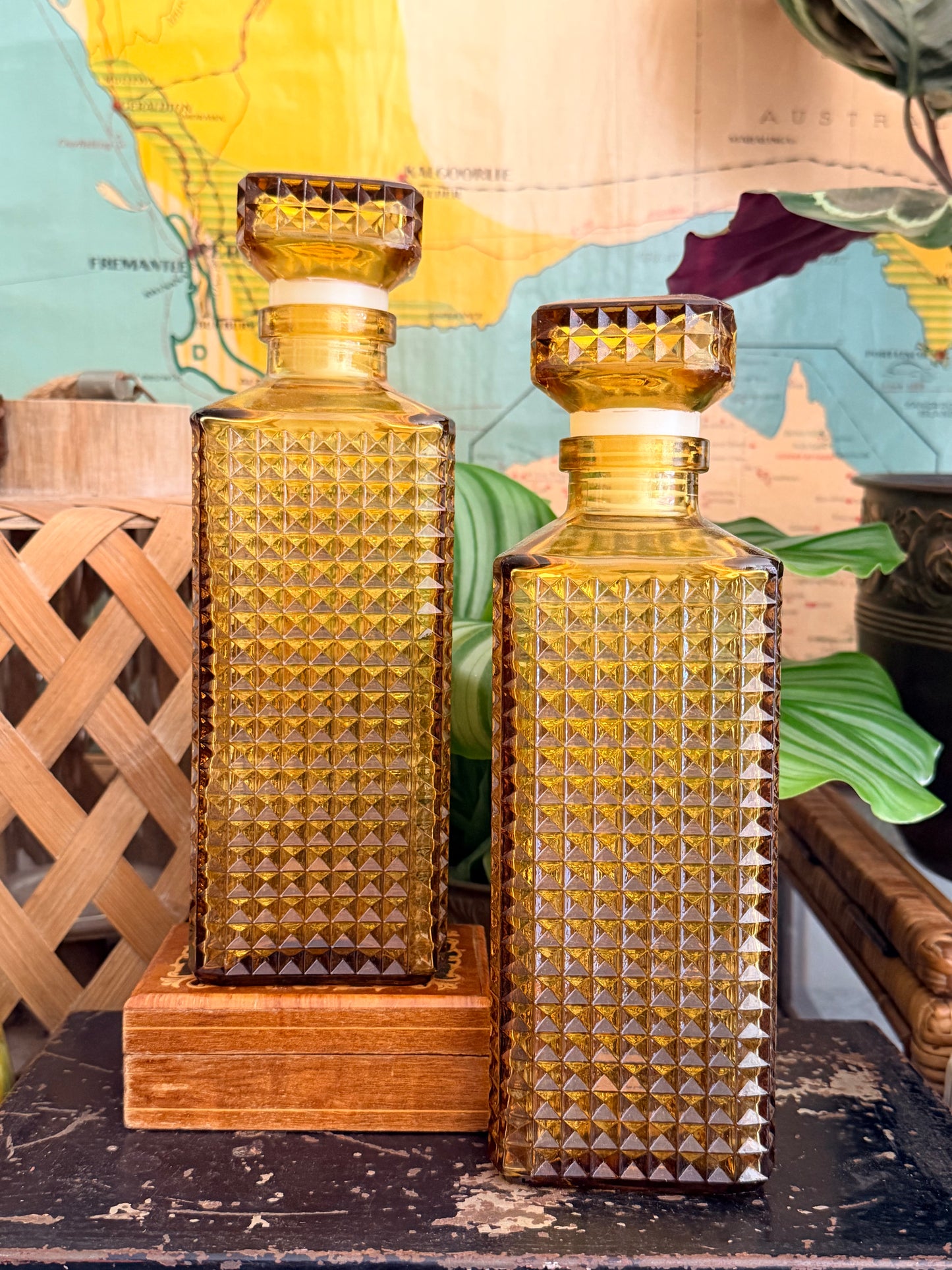 vintage amber hobnail glass decanters