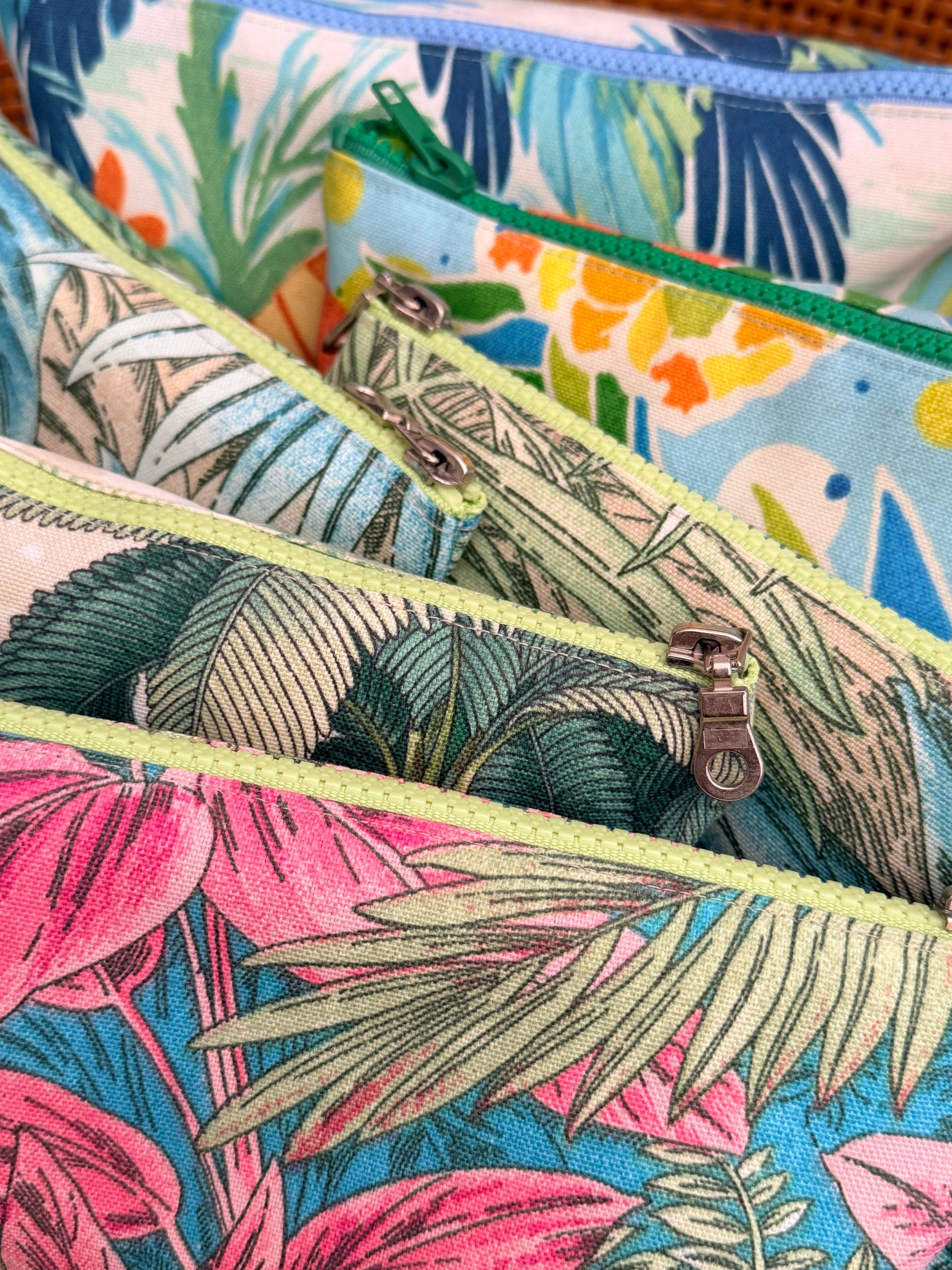 Close-up of a colorful  tropical wetbag pouches