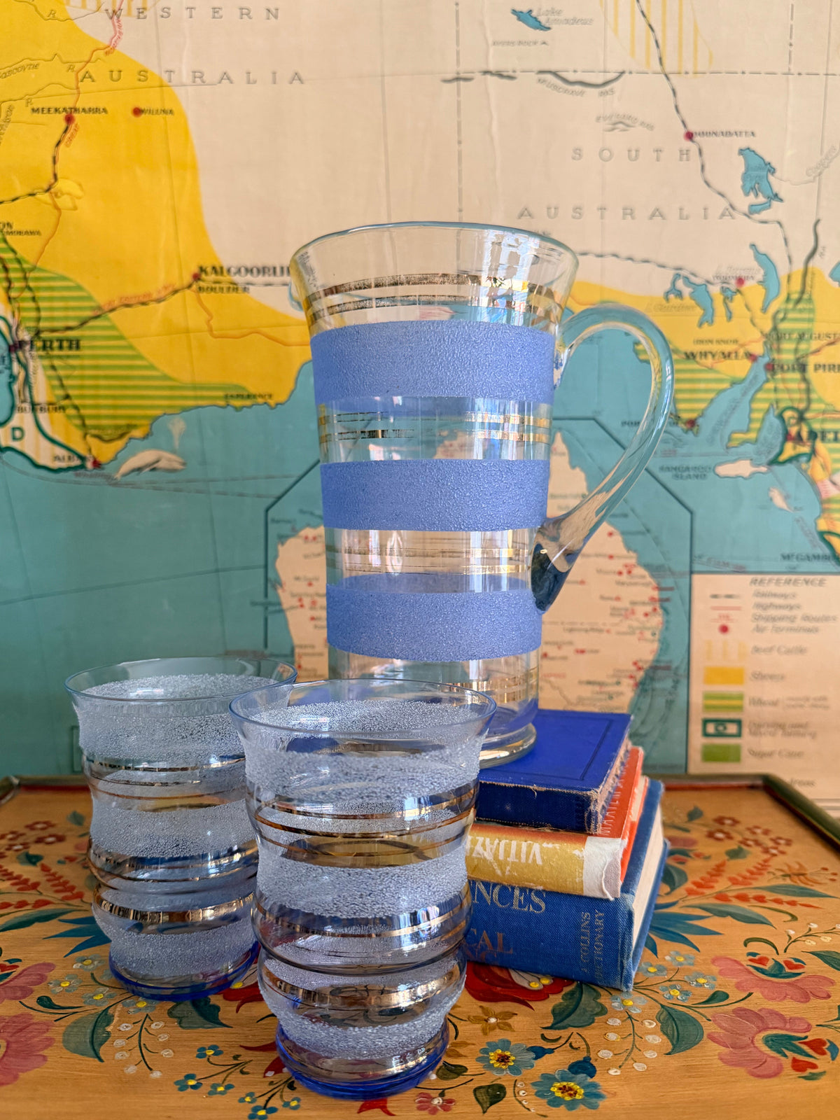 retro blue frosted glass jug with a pair of matching glasses