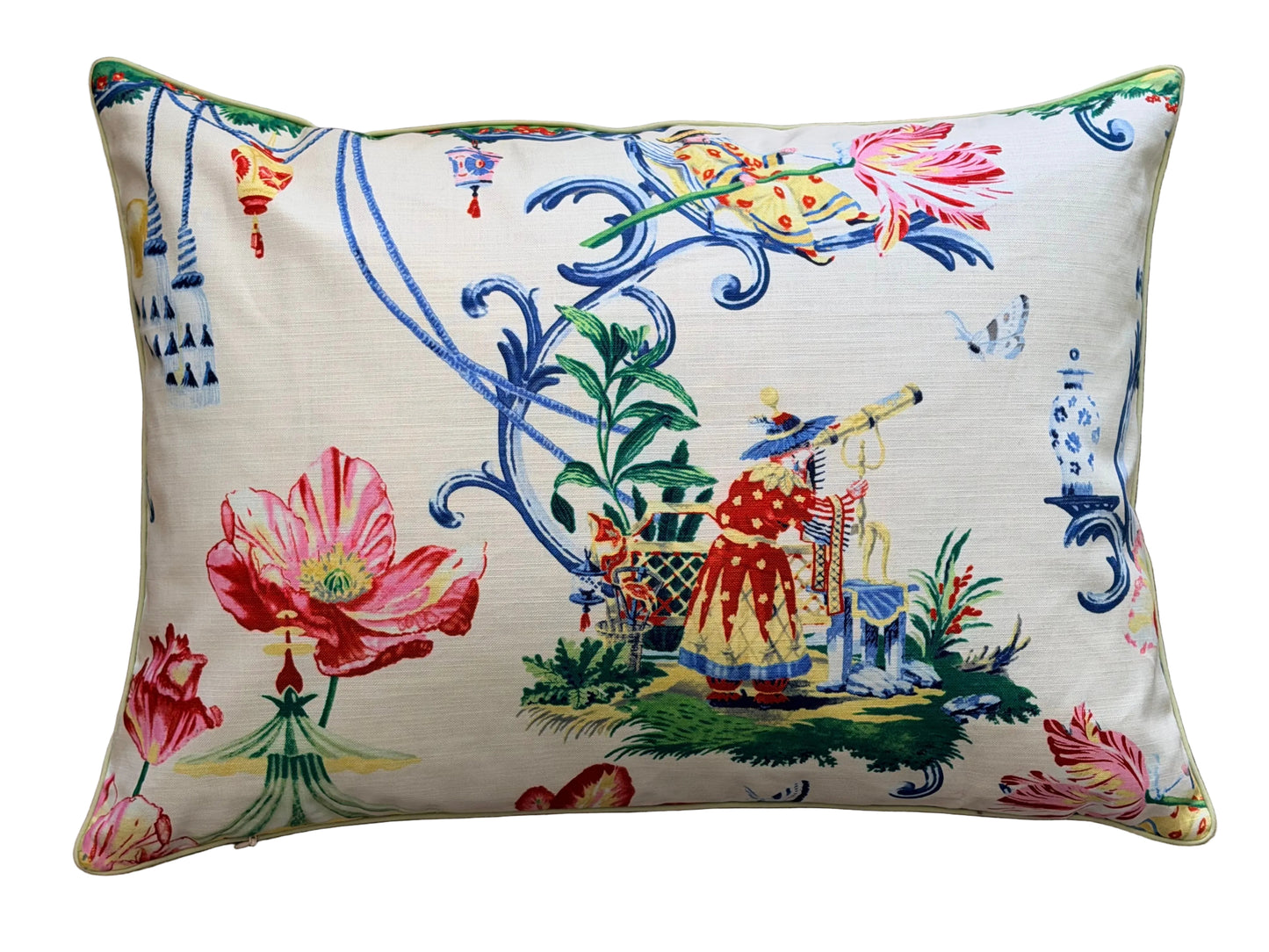 large lumbar chinoiserie cushion with bold blooms and a pagoda