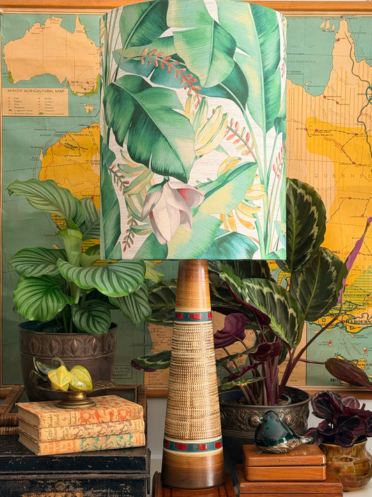 vintage retro tower lamp with tropical banana flower lamp shade.