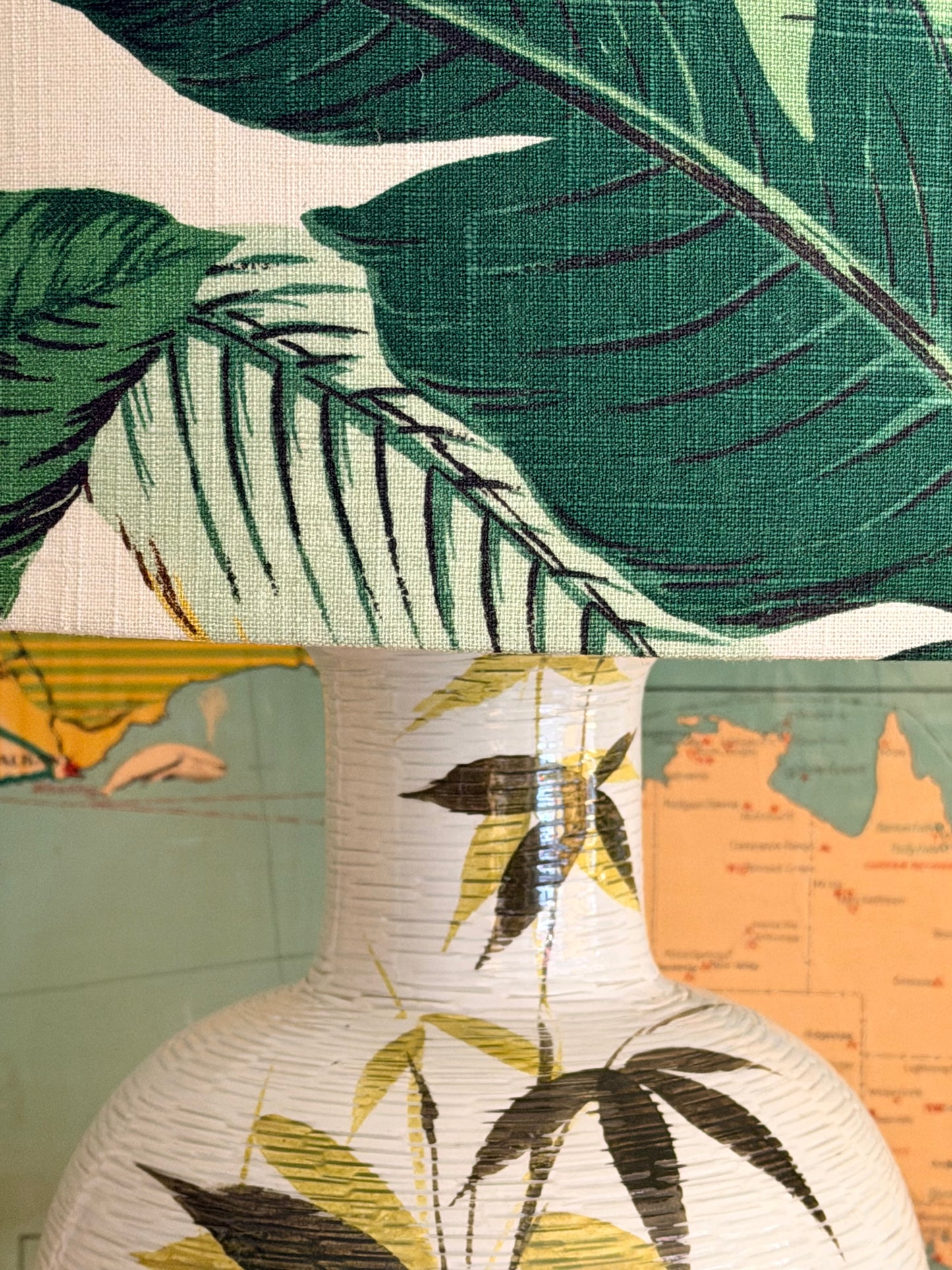 Close-up of tropical leaf patterns  on a lampshade