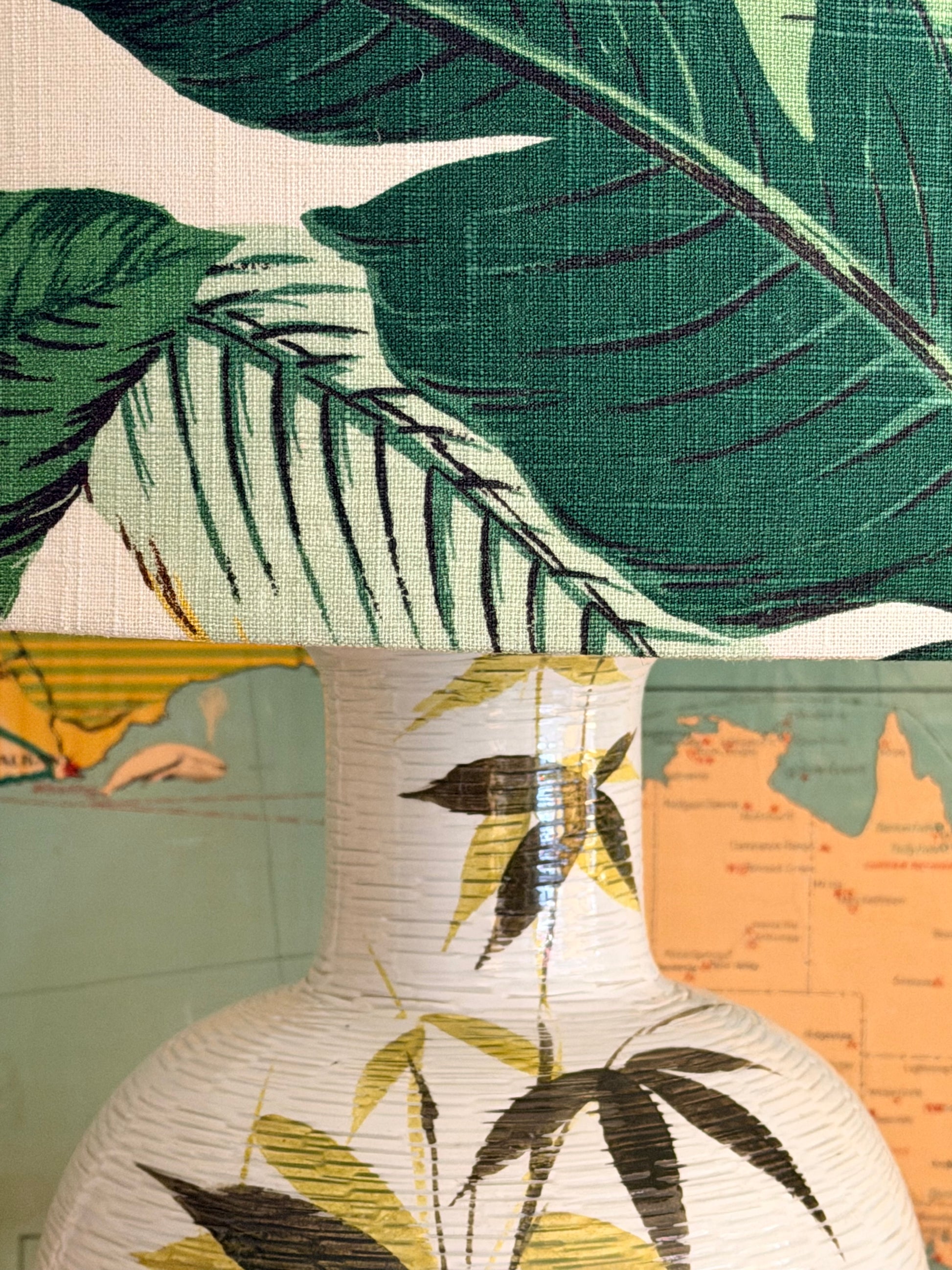 Close-up of tropical leaf patterns  on a lampshade