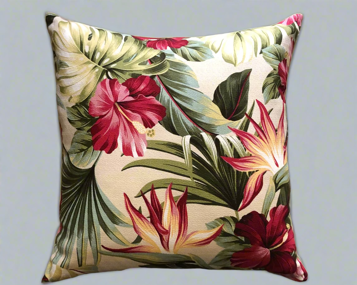 retro hawaiian tropical hibiscus and bird of paradise barkcloth cushion
