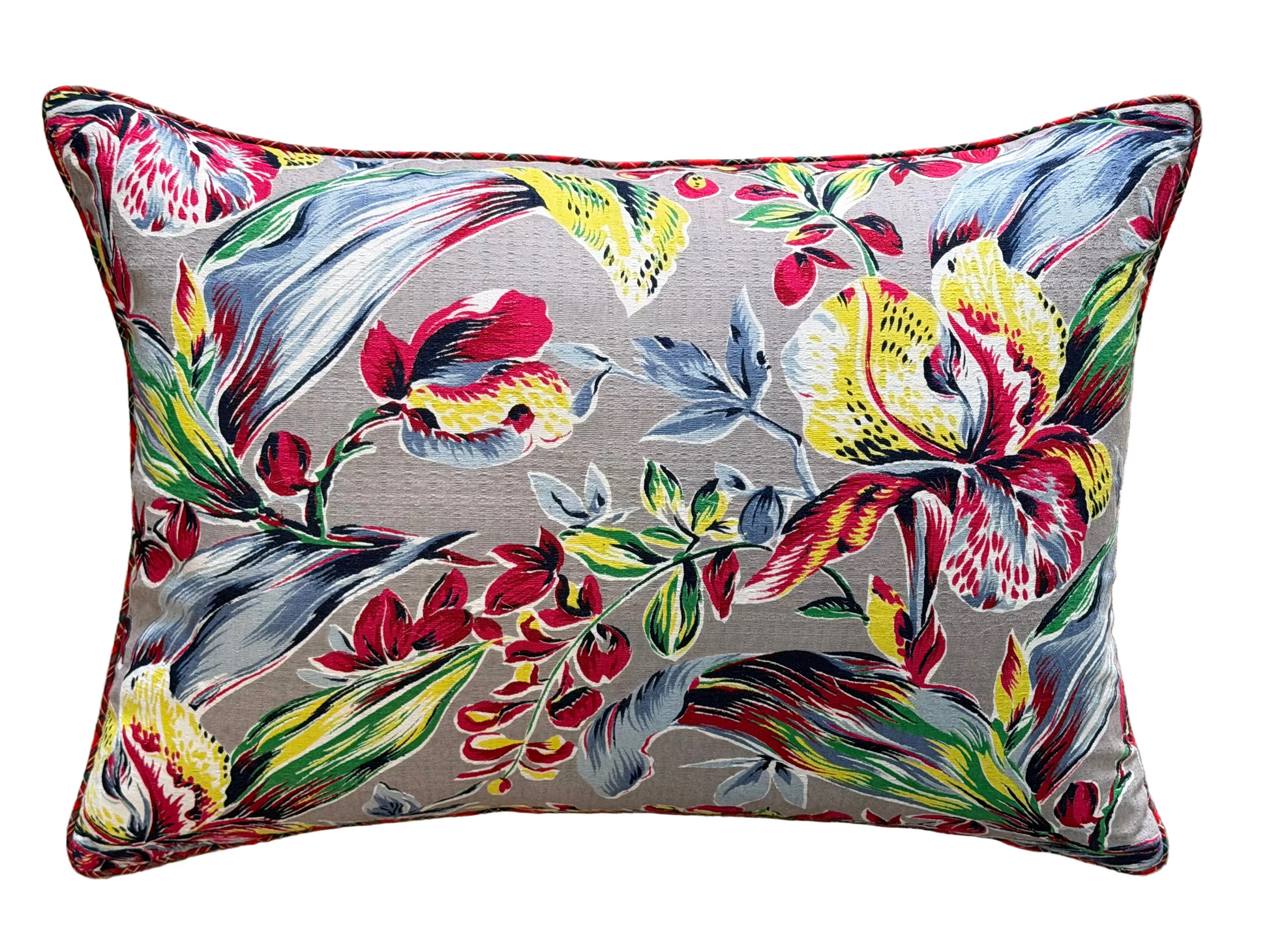 vintage barkcloth tropical floral lumbar cushion

