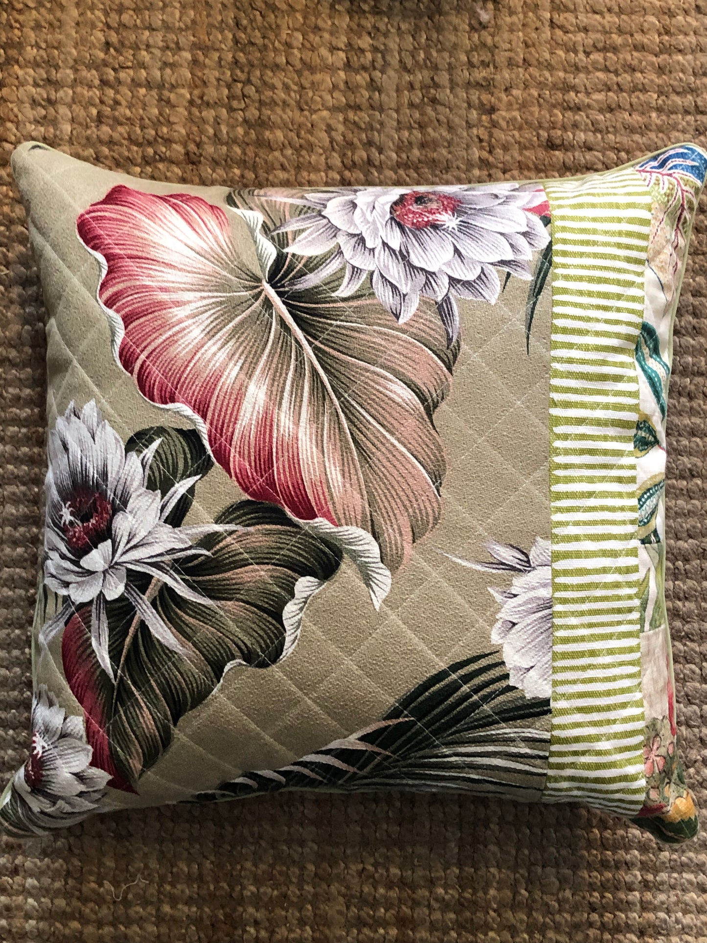 Exotic bloom patchwork quilted pillow