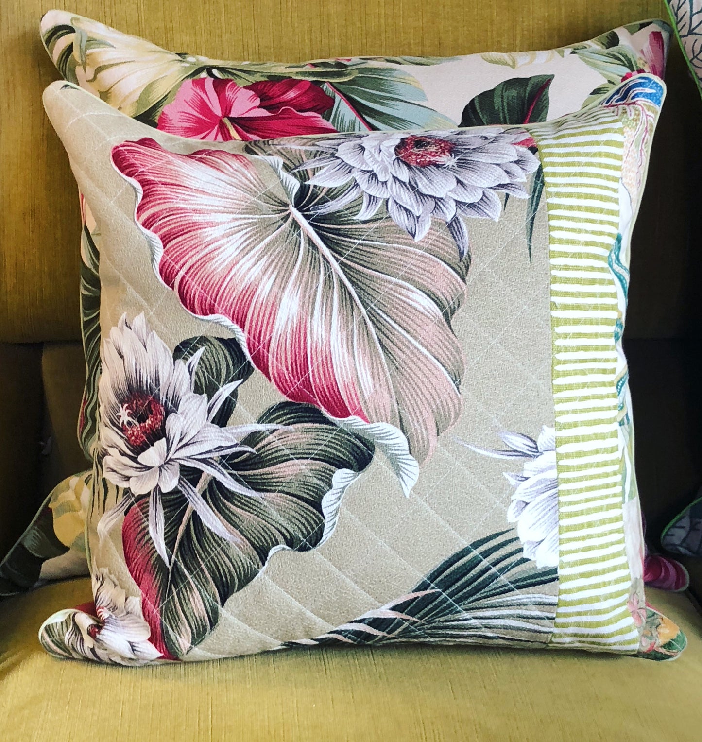 Exotic bloom patchwork quilted pillow