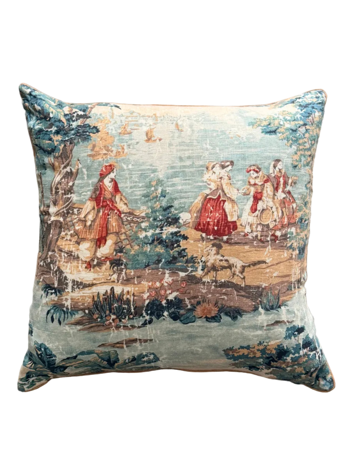 A square decorative throw pillow with a vintage toile de Jouy print depicting figures in a landscape,