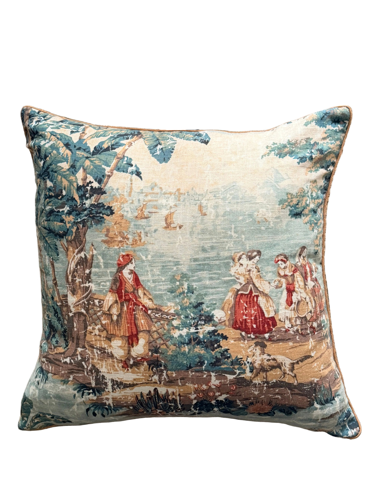 A square decorative throw pillow featuring a vintage toile de Jouy print with figures by a river.