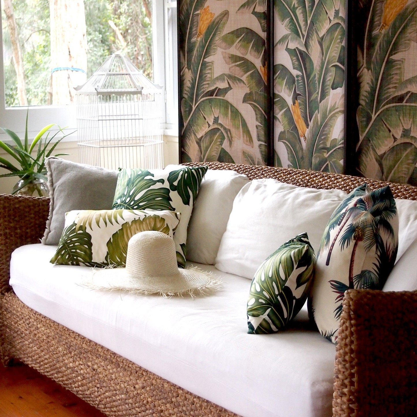 monstera palm leaf cushion