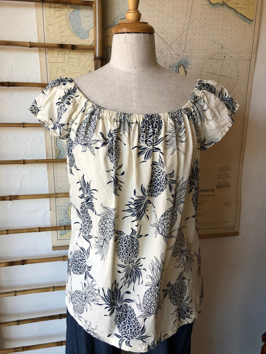 peasant top navy pineapple cotton poplin