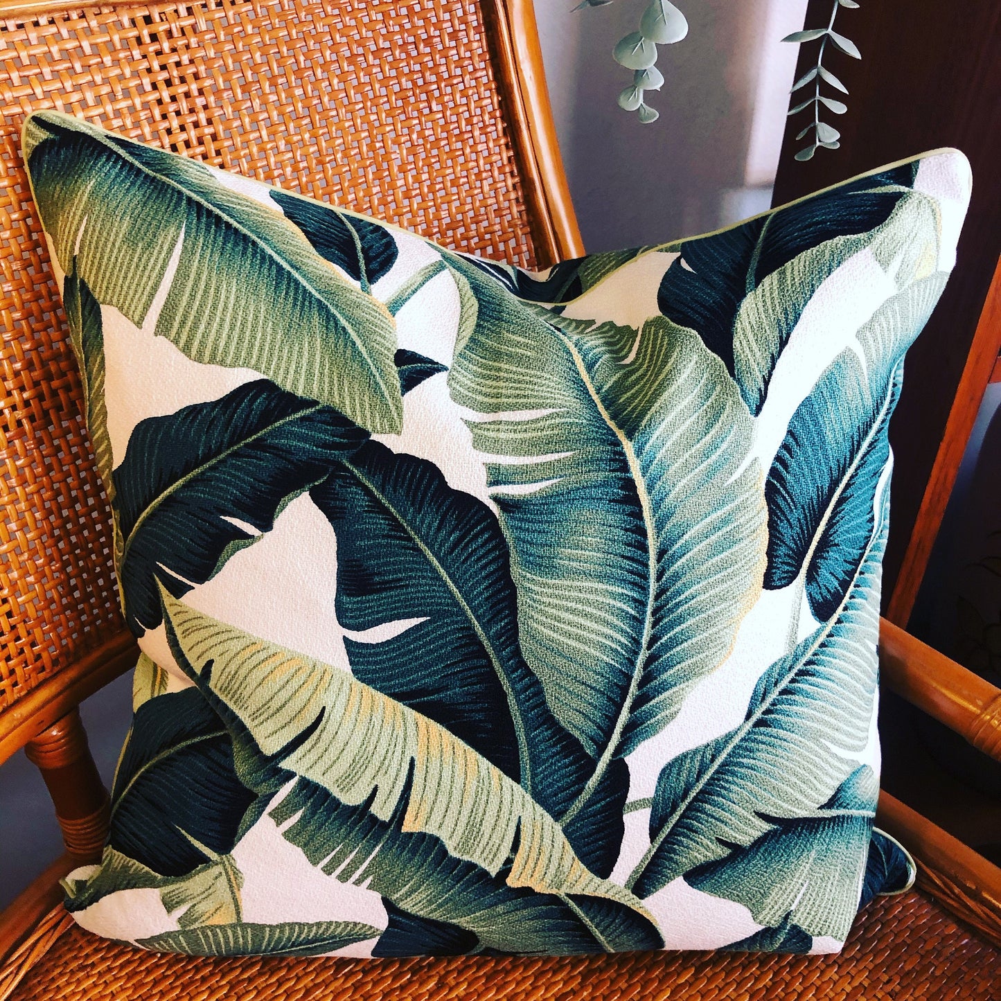 Sage banana leaf piped cushion